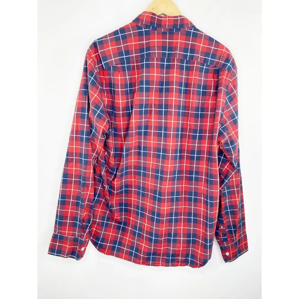 J.Crew Mercantile Flex Mens Plaid‎ Button Front Shirt Size L Slim Fit Red Blue
